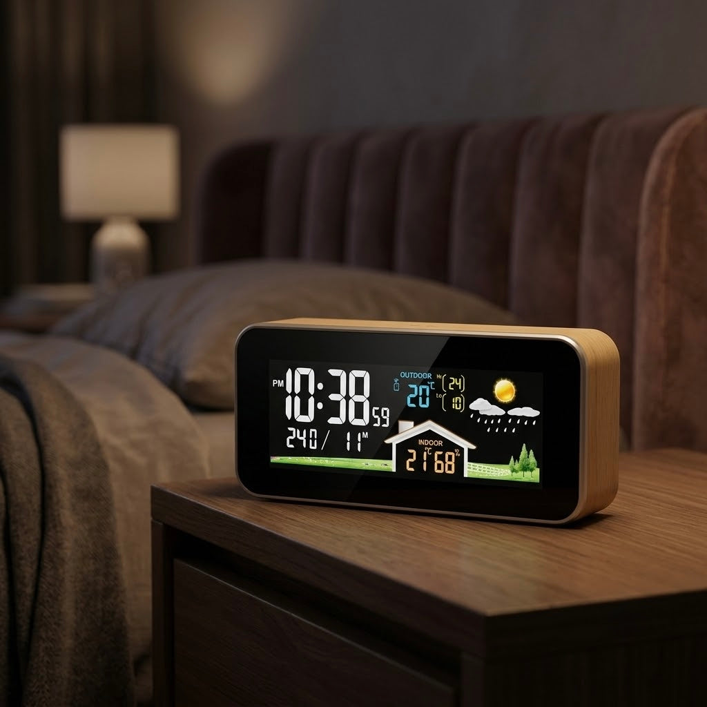 Wireless Weather Station Clock — Color Display, Indoor/Outdoor Temperature & Humidity — TerraGlow