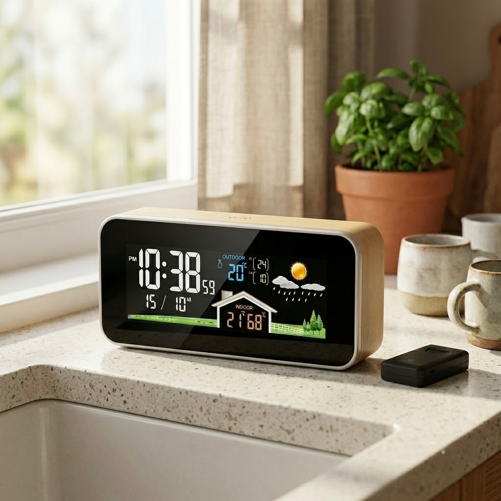 Wireless Weather Station Clock — Color Display, Indoor/Outdoor Temperature & Humidity — TerraGlow
