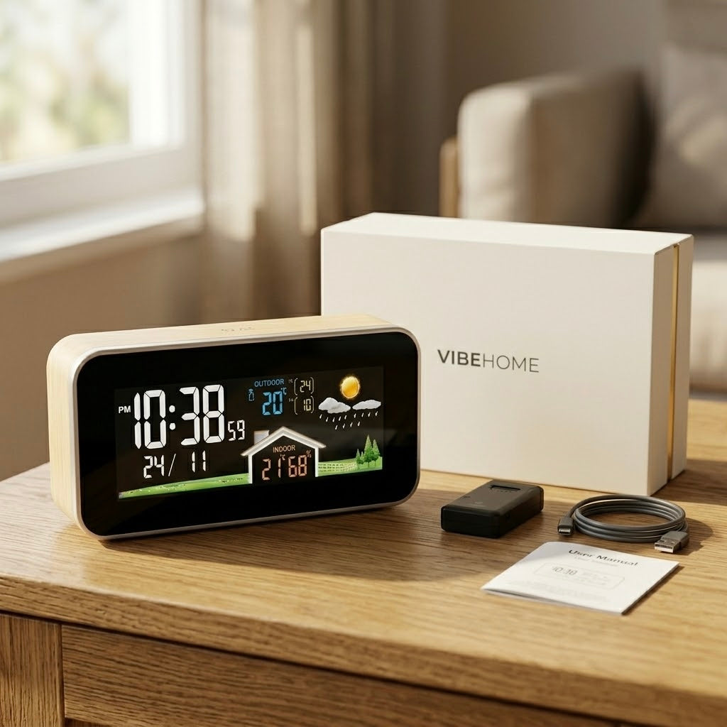 Wireless Weather Station Clock — Color Display, Indoor/Outdoor Temperature & Humidity — TerraGlow