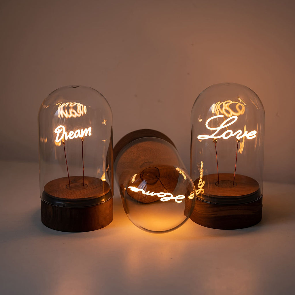 Rechargeable Glass Dome Text Edison Lamp with Walnut Base for Home & Gifts