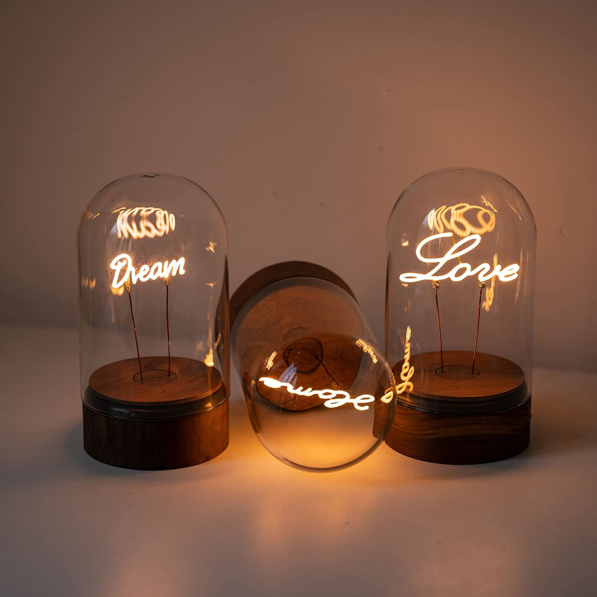 Rechargeable Glass Dome Text Edison Lamp with Walnut Base for Home & Gifts