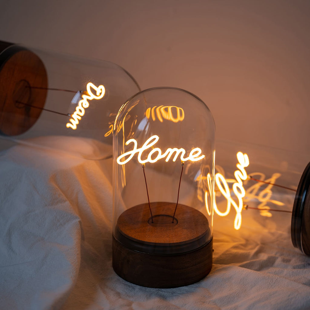 Rechargeable Glass Dome Text Edison Lamp with Walnut Base for Home & Gifts