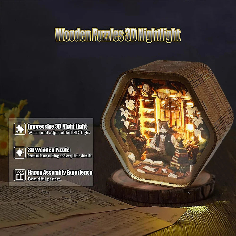 Professor Cat's Library DIY Wooden 3D Night Light Kit