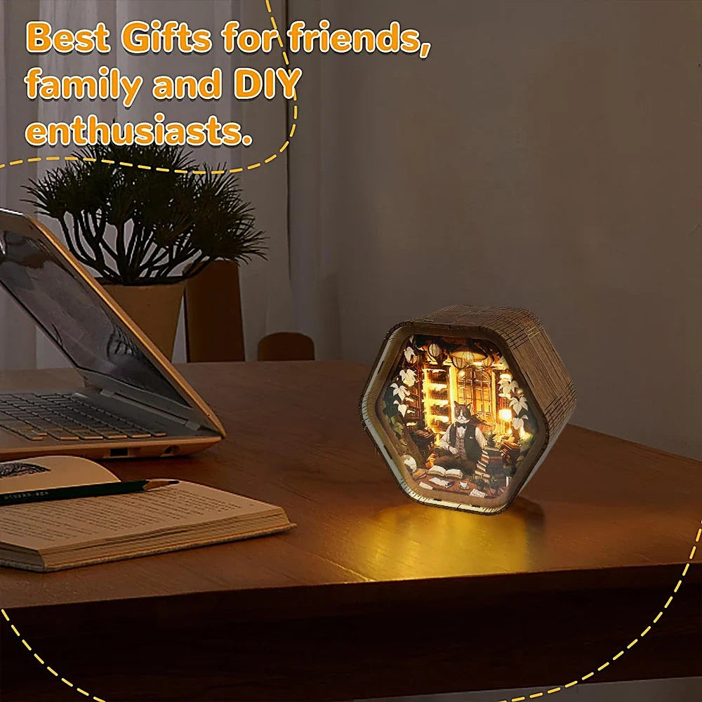 Professor Cat's Library DIY Wooden 3D Night Light Kit