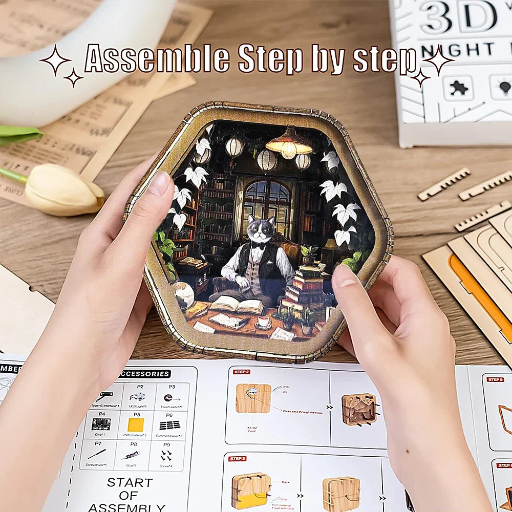 Professor Cat's Library DIY Wooden 3D Night Light Kit