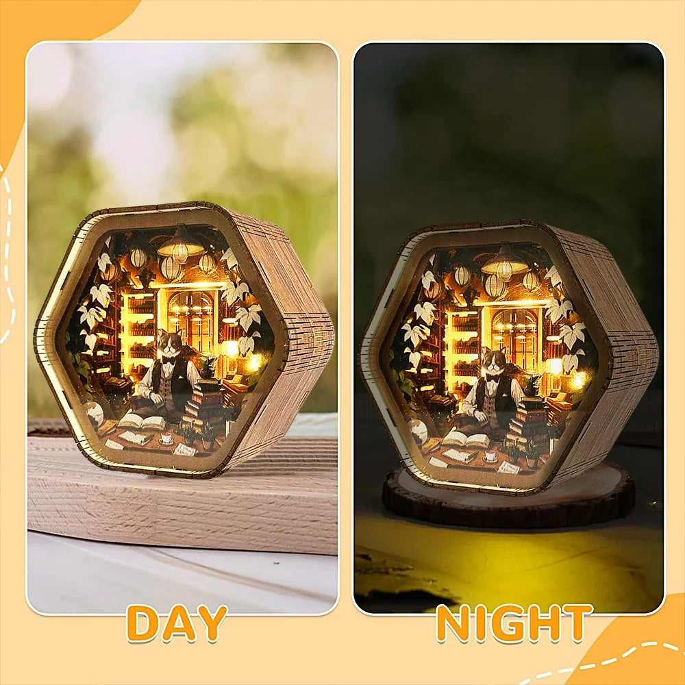 Professor Cat's Library DIY Wooden 3D Night Light Kit