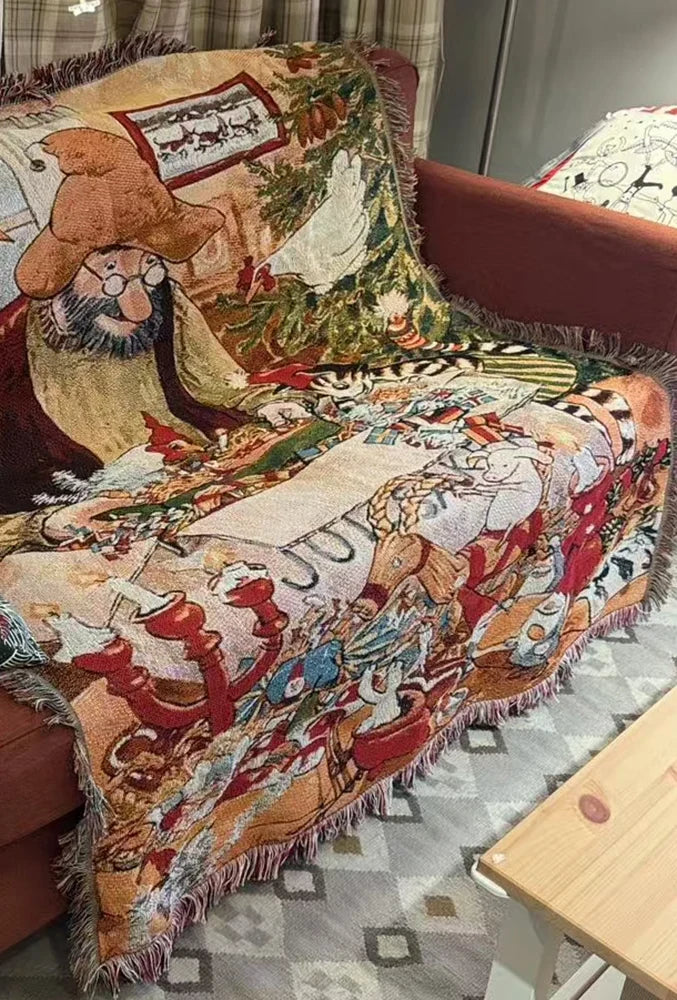 Vintage Santa woven Christmas tapestry throw blanket with fringe
