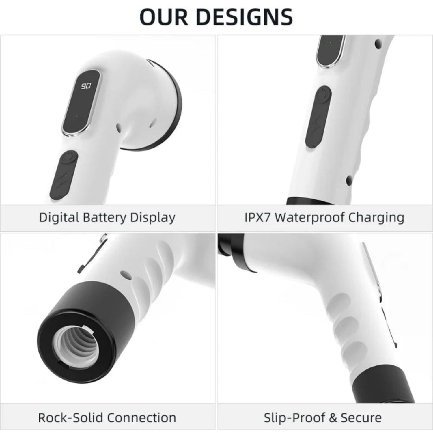 White earbuds with black accents displaying features like digital battery display, IPX7 waterproof charging, rock-solid connection, and slip-proof design.