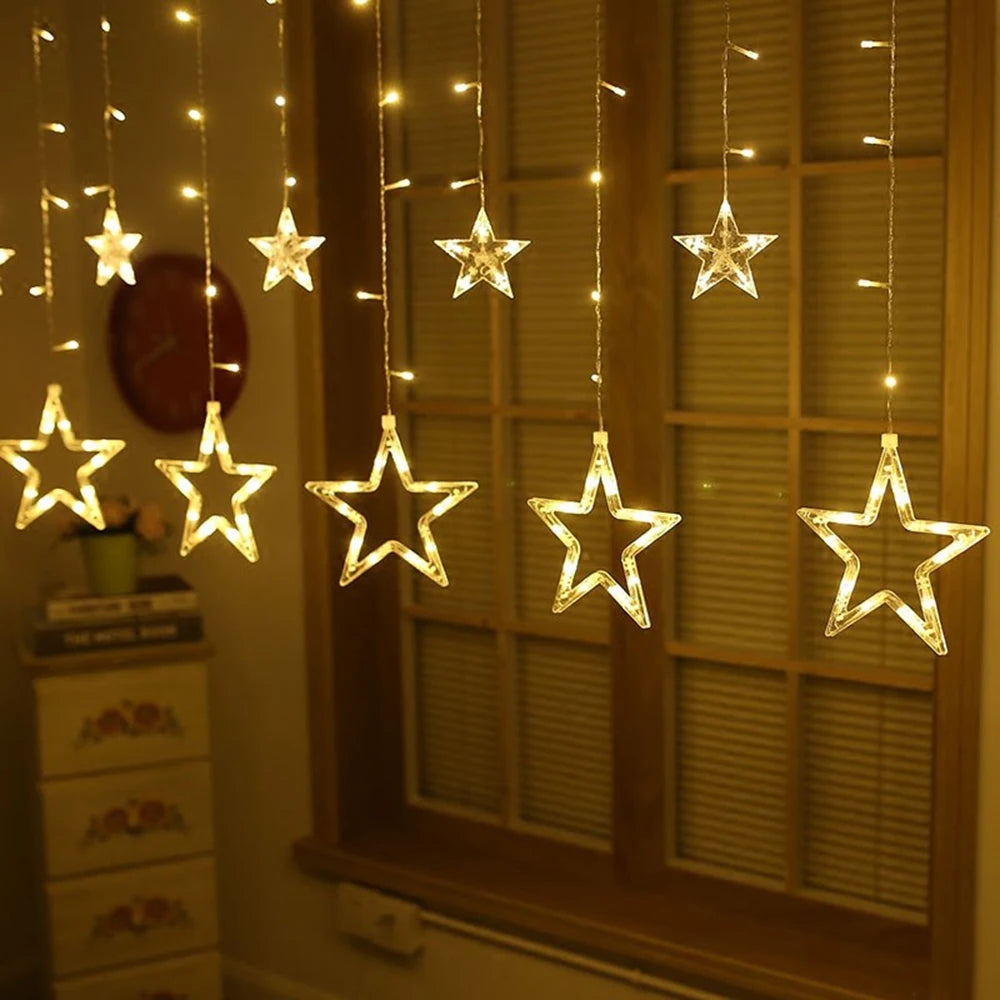 Star Curtain Lights 138 LED, 11.5 ft Christmas Window Fairy Lights, Plug-In US 110V, Warm White