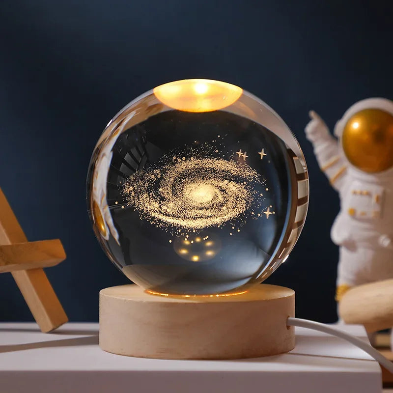 Crystal Ball Night Light 2.4 inch, 3D Galaxy Moon Saturn Lamp with Wood Base, Warm 3000K, Gift