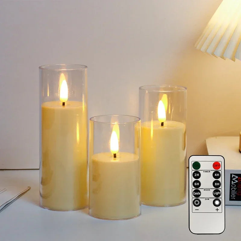 Flameless Candles with Remote and Timer, Set of 3 Clear Acrylic LED Pillar Candles, Flickering