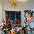 Winter Cathedral woven Christmas tapestry hanging on a wall