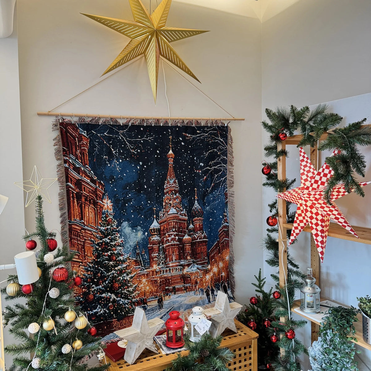 Winter Cathedral woven Christmas tapestry hanging on a wall