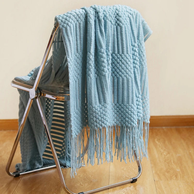Knit Throw Blanket with Tassels, Chunky Farmhouse Throw for Couch and Bed, Soft Acrylic, 50x68 in