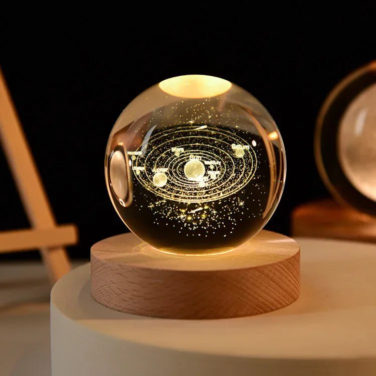 Crystal Ball Night Light 2.4 inch, 3D Galaxy Moon Saturn Lamp with Wood Base, Warm 3000K, Gift