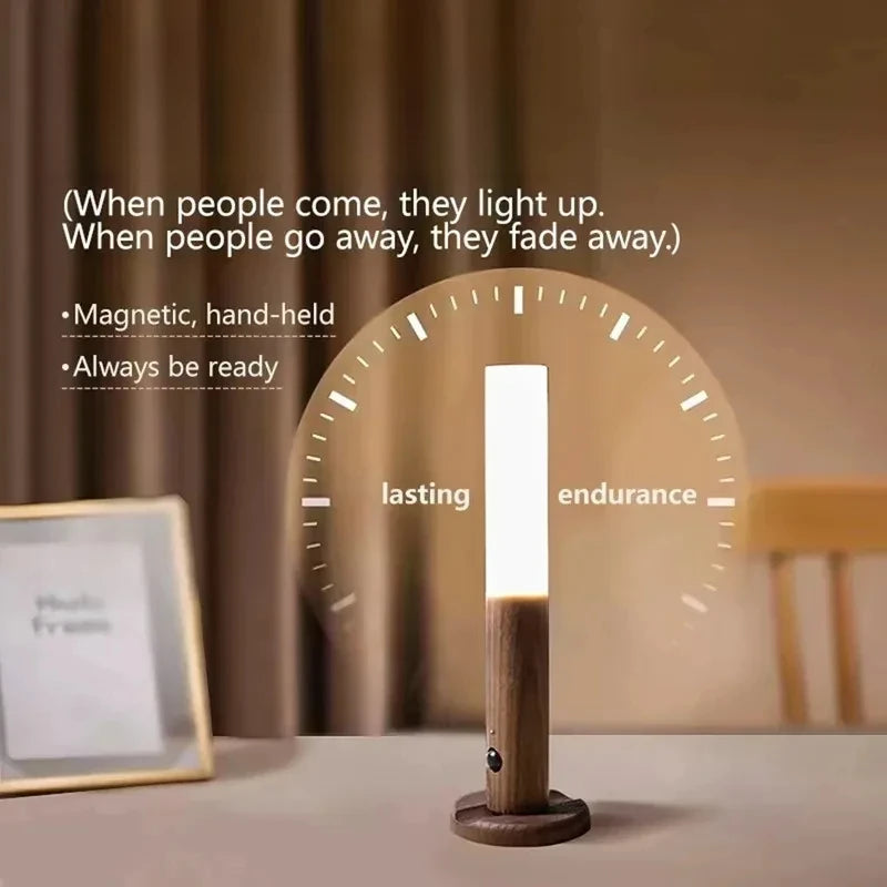 WoodGlow Motion Sensor Wall Light — Rechargeable, Magnetic, Dimmable Warm White, Wood Look