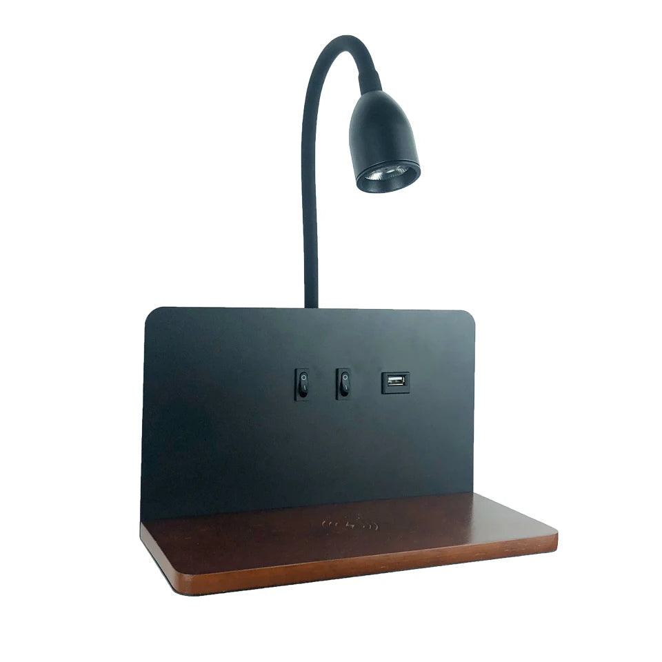DeskGlow Wall Lamp — Bedside LED Light with Wireless Qi Charging, USB Port & Shelf, Plug-In