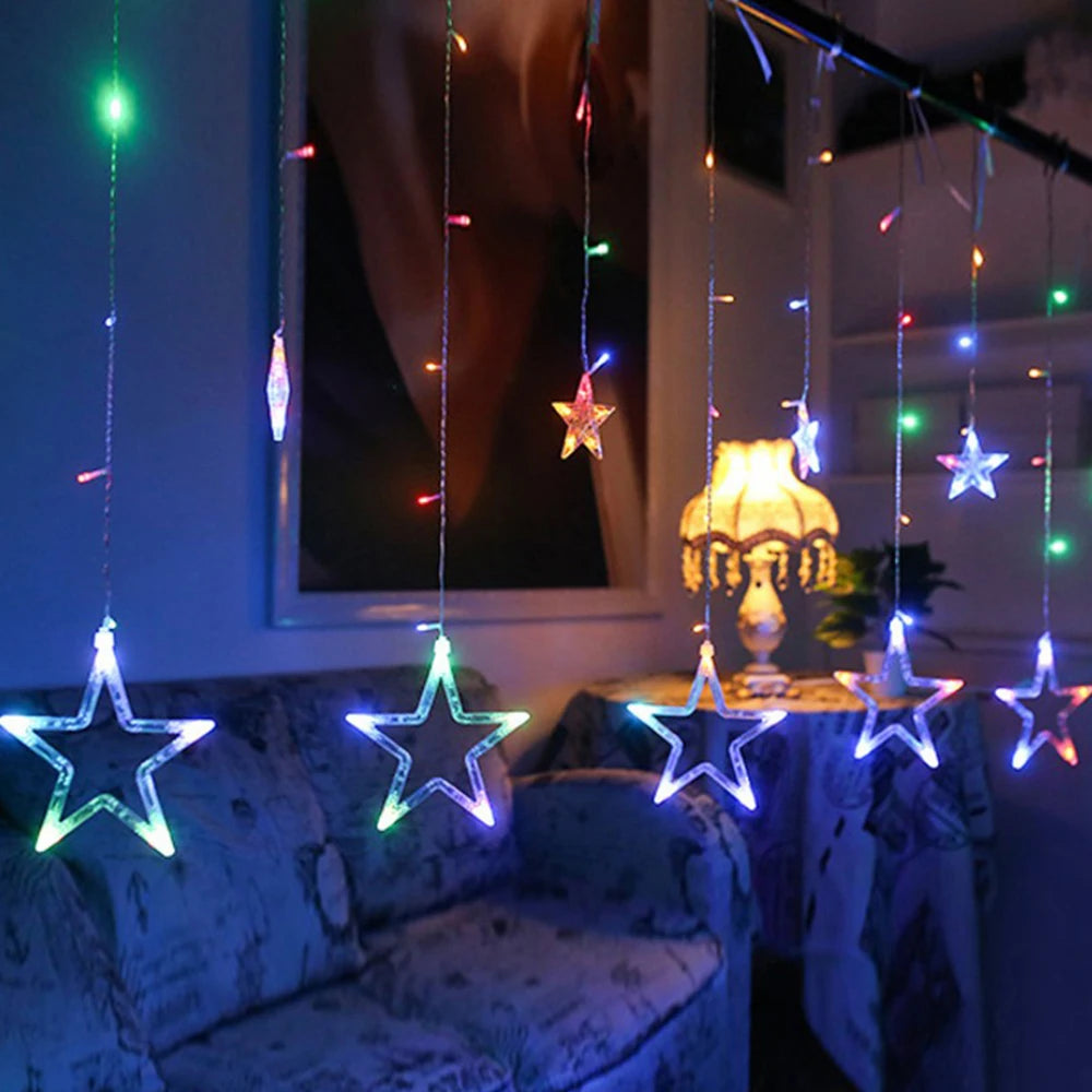 Star Curtain Lights 138 LED, 11.5 ft Christmas Window Fairy Lights, Plug-In US 110V, Warm White