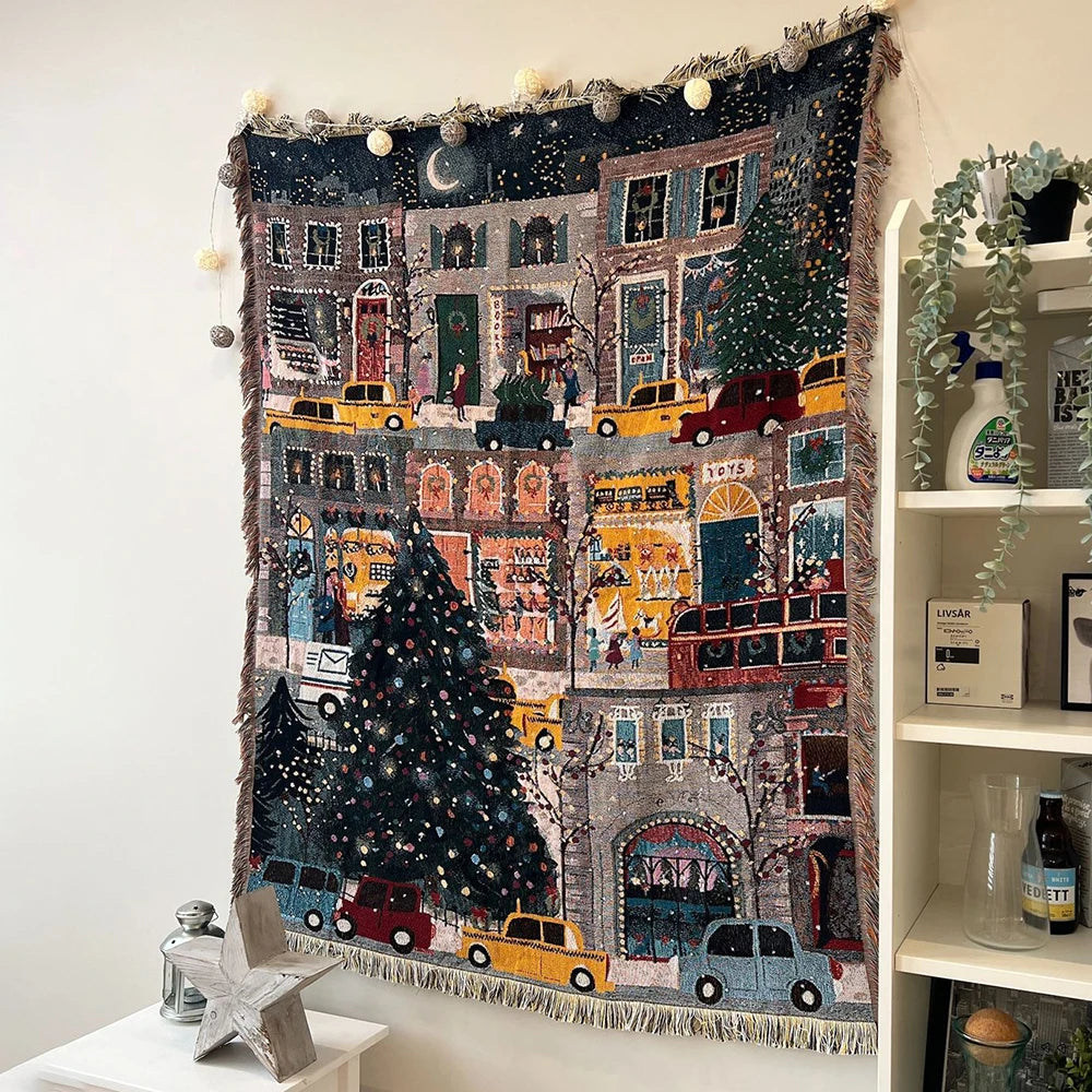 City Lights woven Christmas tapestry throw hanging on a wall