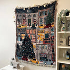 City Lights woven Christmas tapestry throw hanging on a wall