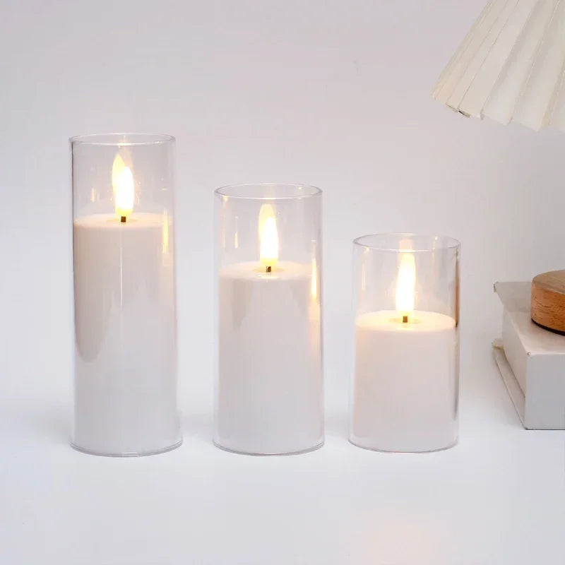 Flameless Candles with Remote and Timer, Set of 3 Clear Acrylic LED Pillar Candles, Flickering