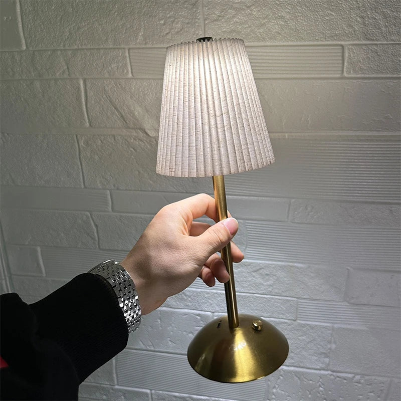 Cordless Table Lamp Rechargeable with Pleated Fabric Shade, Touch Dimmable LED Nightstand Lamp