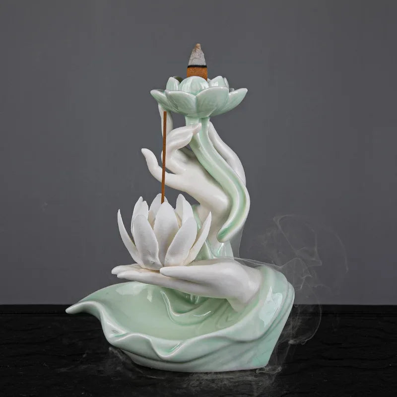 Celadon Ceramic Backflow Incense Burner, Lotus Incense Fountain and Stick Holder, Zen Decor