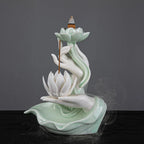 Celadon Ceramic Backflow Incense Burner, Lotus Incense Fountain and Stick Holder, Zen Decor