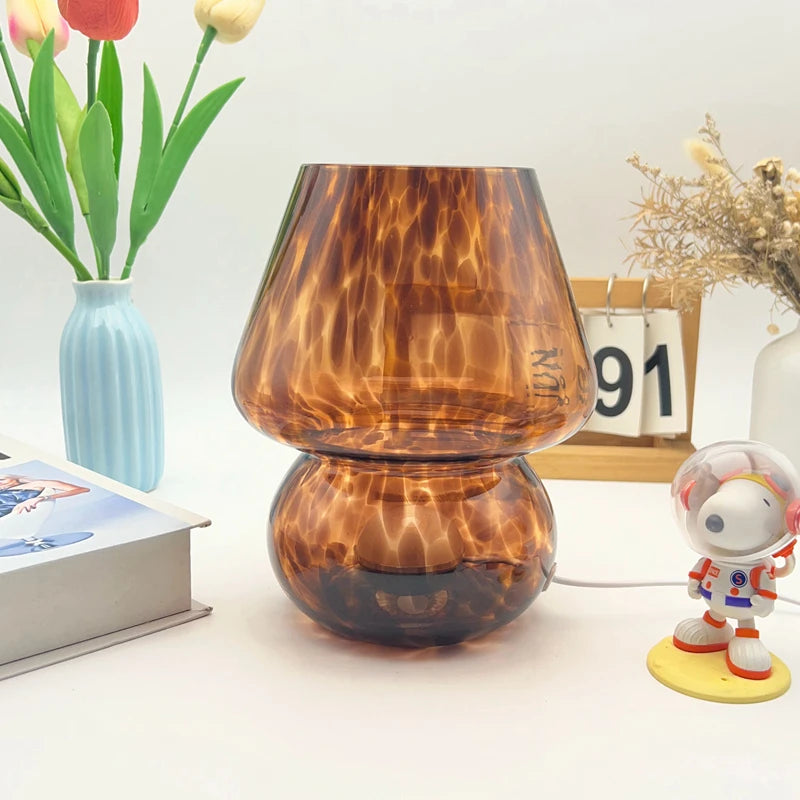 Glass Mushroom Table Lamp, Coffee Brown Bedside Lamp, Touch Dimmable LED Aesthetic Room Decor