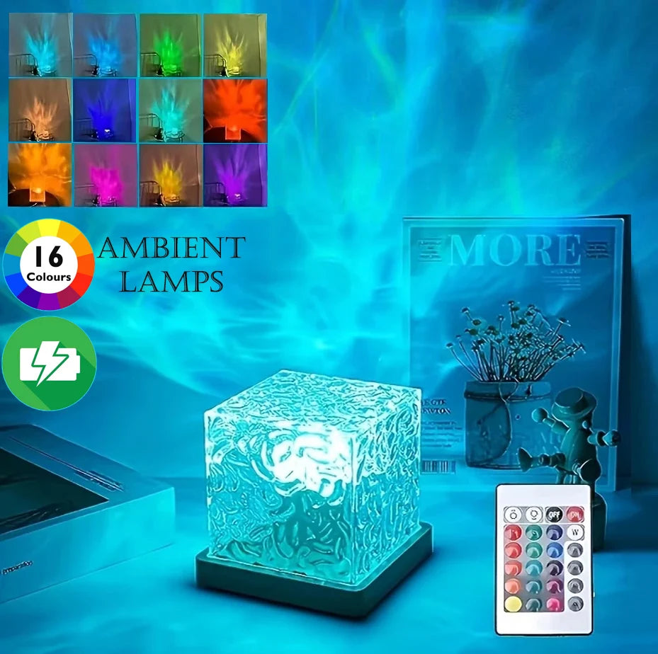 WaveGlow RGB Ocean Wave Projector Lamp — 16 Colors, Rotating, Rechargeable, Remote, USB-C