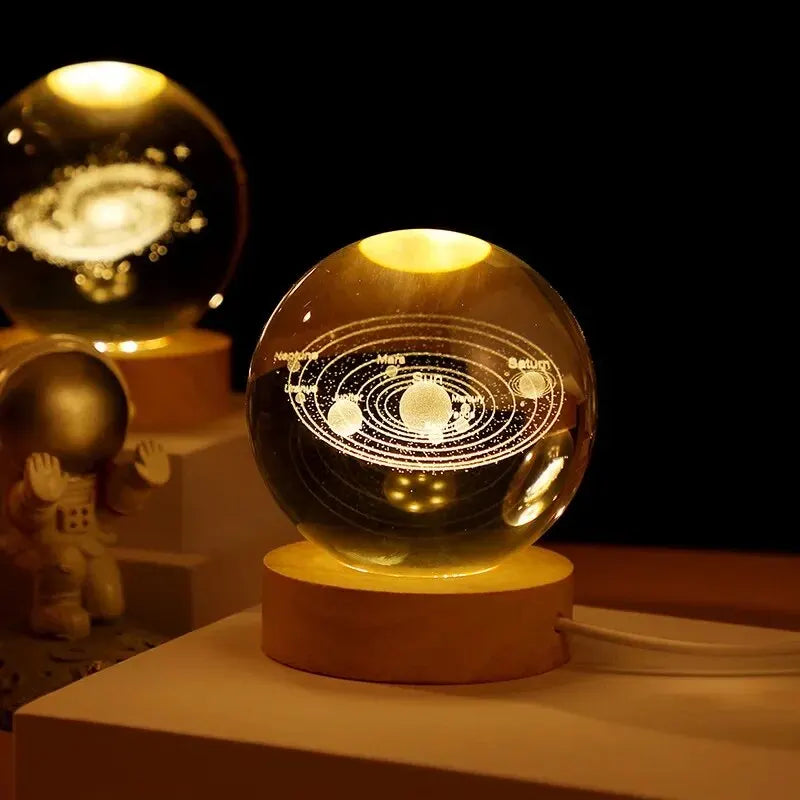 Crystal Ball Night Light 2.4 inch, 3D Galaxy Moon Saturn Lamp with Wood Base, Warm 3000K, Gift
