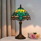Tiffany Style Table Lamp Dragonfly Stained Glass, Green Bedside Lamp, Vintage Accent Lamp, US Plug