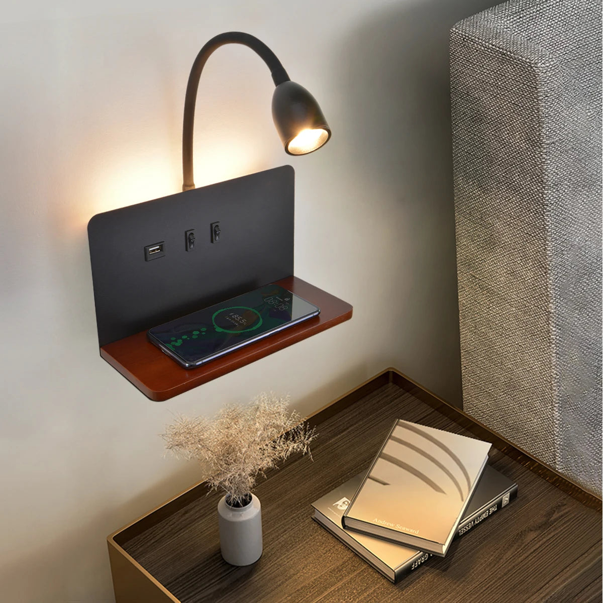 DeskGlow Wall Lamp — Bedside LED Light with Wireless Qi Charging, USB Port & Shelf, Plug-In