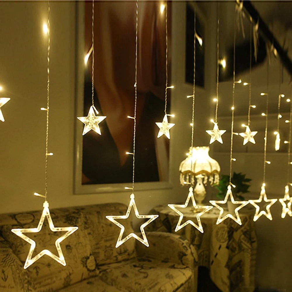 Star Curtain Lights 138 LED, 11.5 ft Christmas Window Fairy Lights, Plug-In US 110V, Warm White