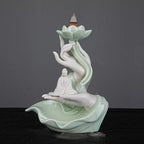 Celadon Ceramic Backflow Incense Burner, Lotus Incense Fountain and Stick Holder, Zen Decor