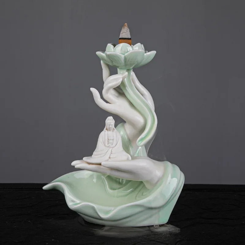 Celadon Ceramic Backflow Incense Burner, Lotus Incense Fountain and Stick Holder, Zen Decor