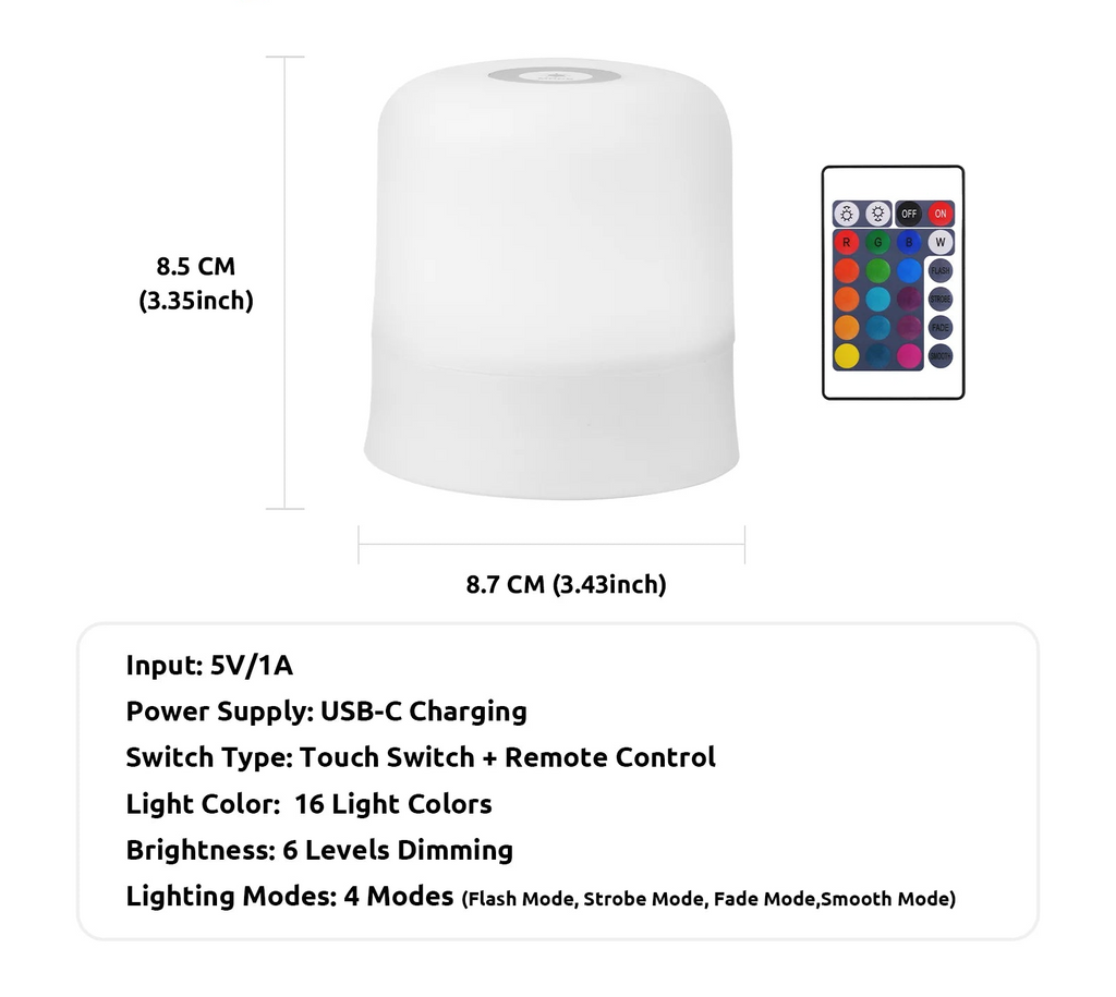 TouchGlow — Rechargeable LED Night Light with Remote,Compact Table Lamp, Dimmable, USB-C