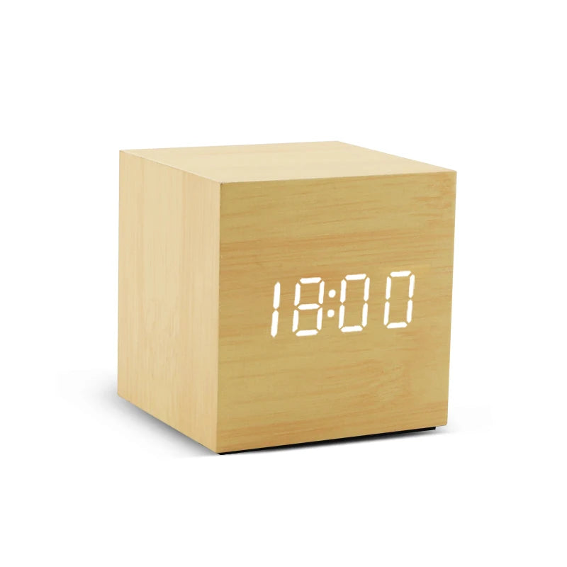 Sound-Activated Wooden Alarm Clock — LED Display with Temperature, Snooze & 3 Alarms — WoodCube
