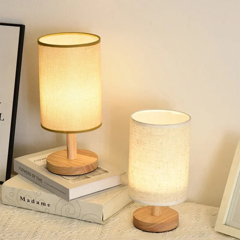 LinenGlow — Minimalist Bedside Lamp with Wood Base