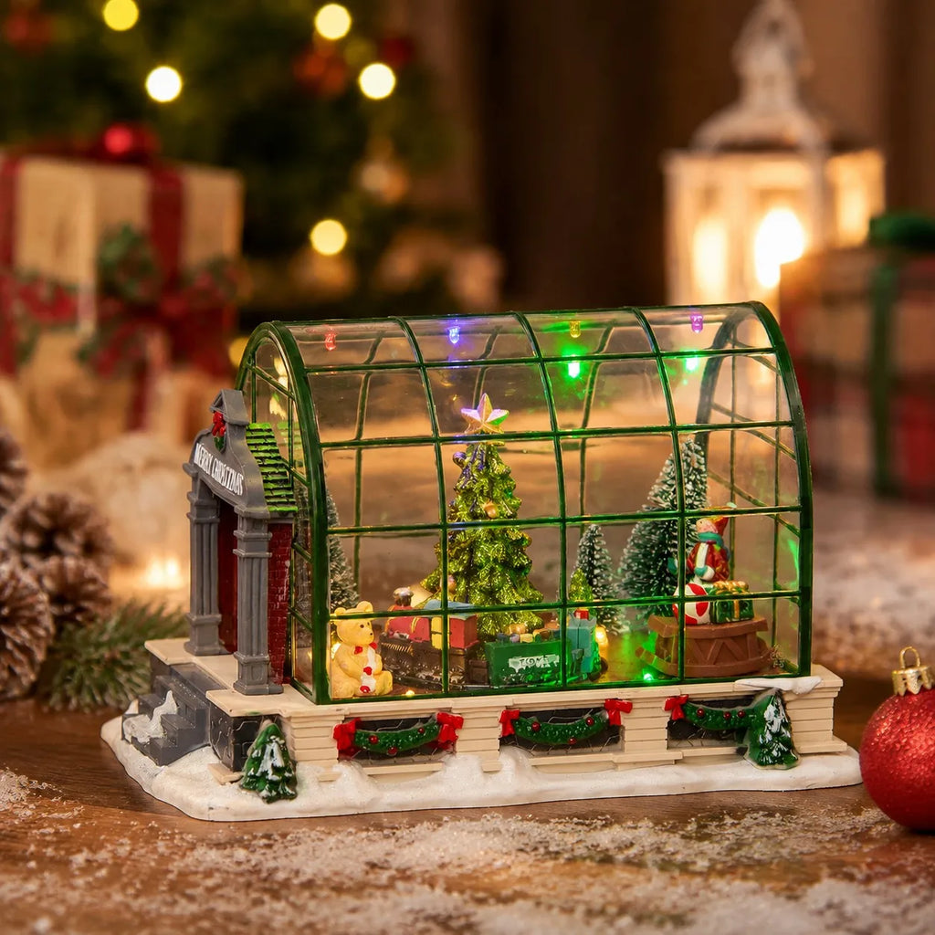 Lighted Christmas Village Greenhouse, Animated Musical Holiday Decoration with LED Lights