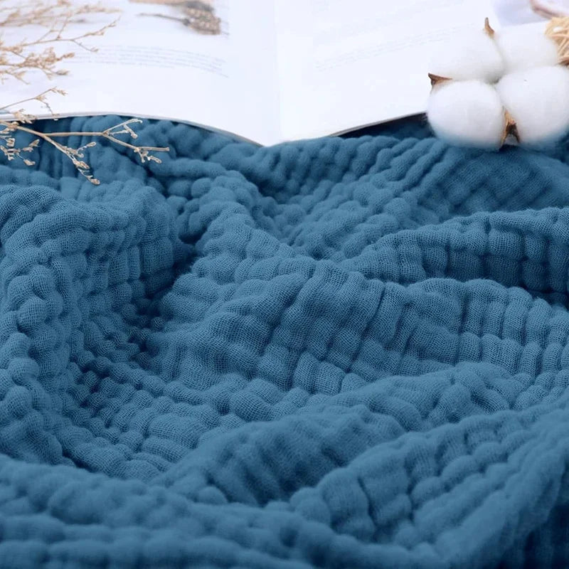 Close-up of navy blue 6-layer cotton muslin texture