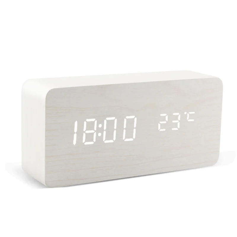 Sound-Activated Wooden Alarm Clock — LED Display with Temperature, Snooze & 3 Alarms — WoodCube