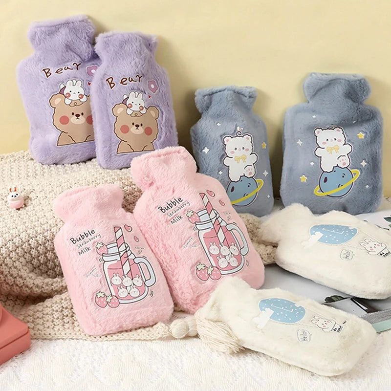 Cute Hot Water Bottle with Plush Cover, Bear Bunny Small Hand Warmer 250ml, Gift