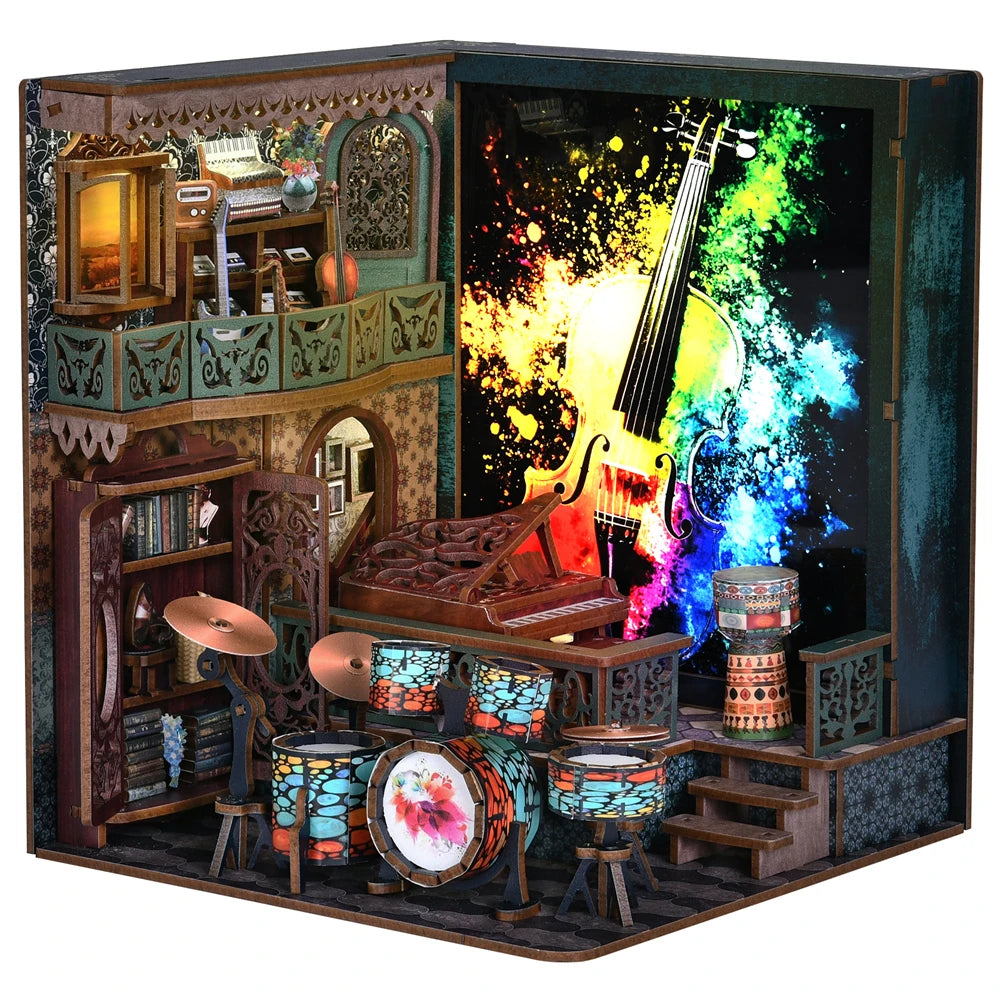 Book Nook Kit Coffee Shop, DIY Miniature House Bookshelf Insert with LED, Plant Room & Concert Options