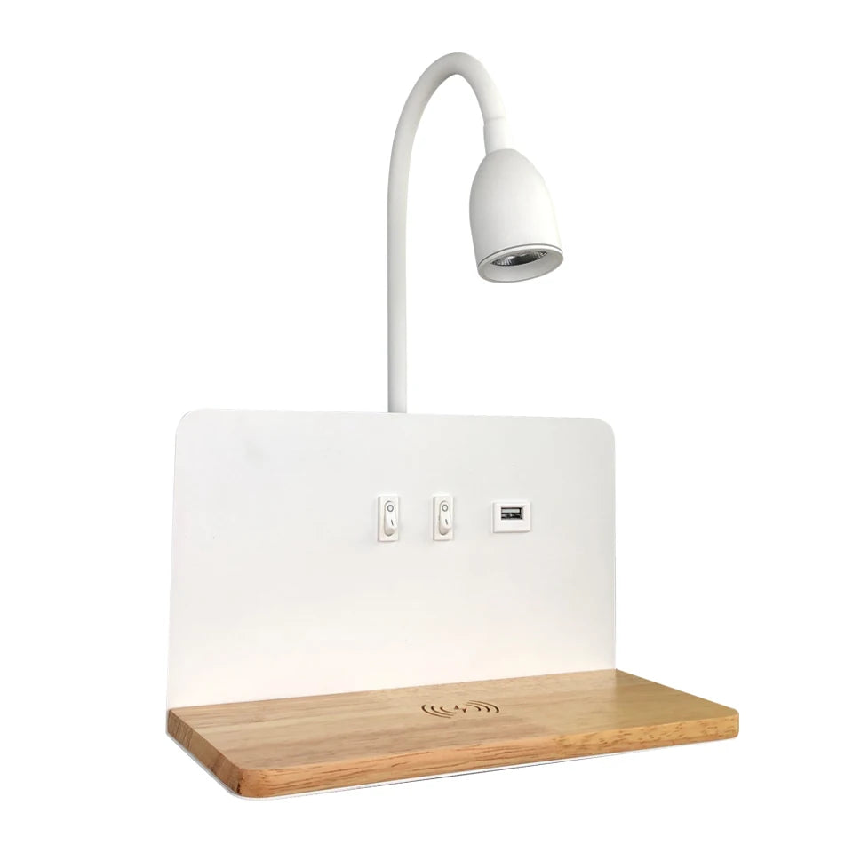 DeskGlow Wall Lamp — Bedside LED Light with Wireless Qi Charging, USB Port & Shelf, Plug-In