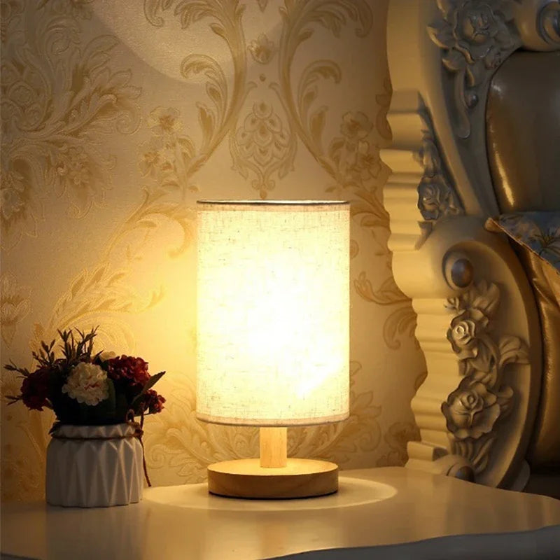LinenGlow — Minimalist Bedside Lamp with Wood Base