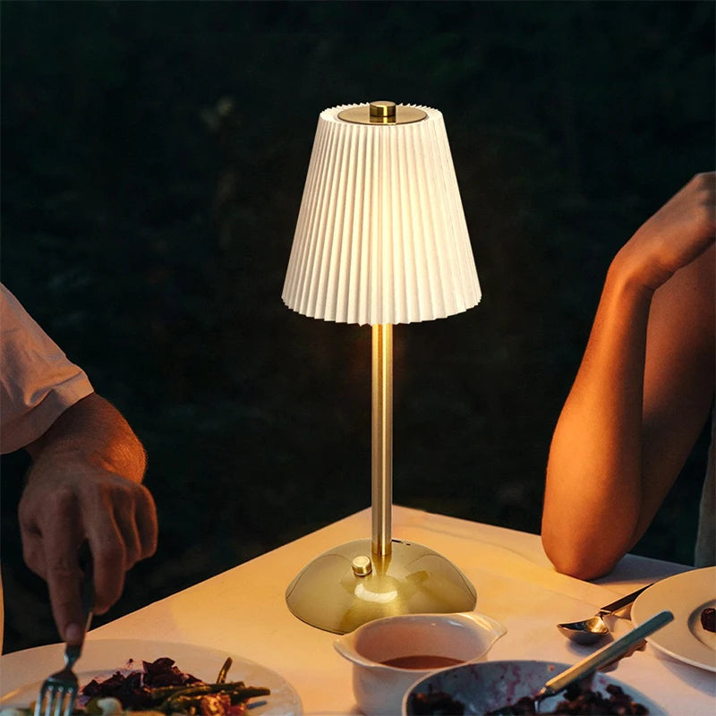 Cordless Table Lamp Rechargeable with Pleated Fabric Shade, Touch Dimmable LED Nightstand Lamp