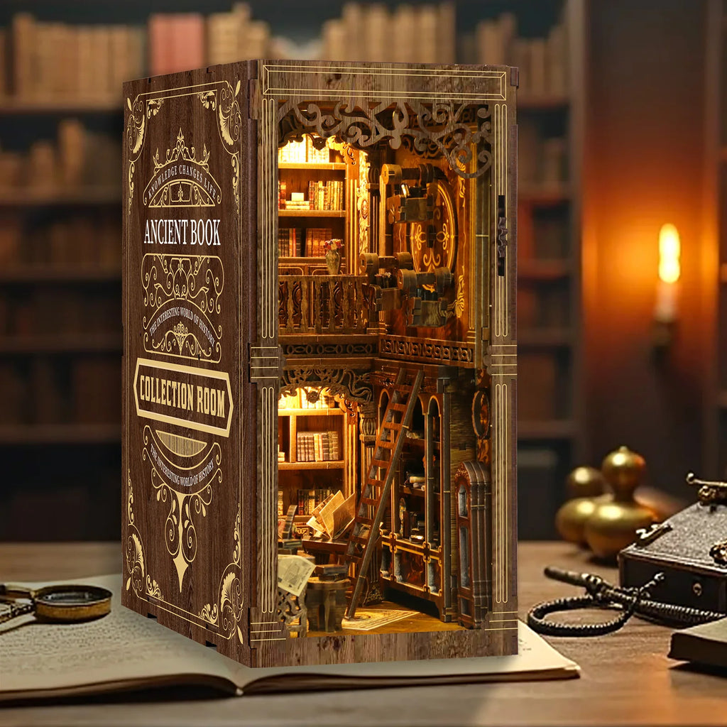 Book Nook Kit DIY Miniature Library Room, Wooden Bookshelf Insert with LED Light, 3D Puzzle for Adults