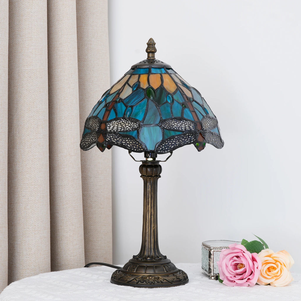 Tiffany Style Table Lamp Dragonfly Stained Glass, Green Bedside Lamp, Vintage Accent Lamp, US Plug