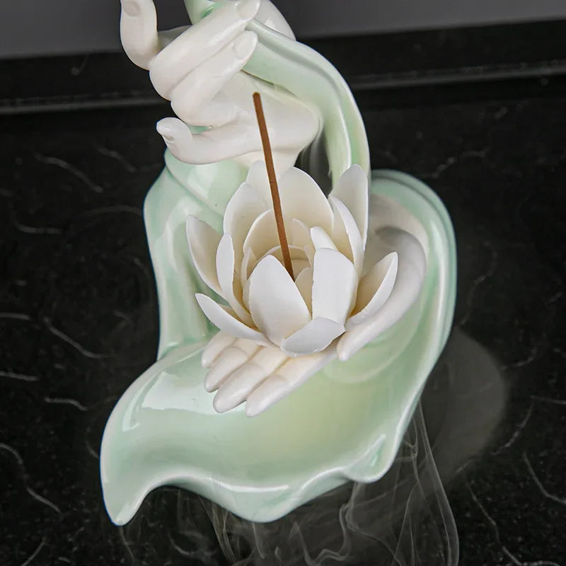 Celadon Ceramic Backflow Incense Burner, Lotus Incense Fountain and Stick Holder, Zen Decor